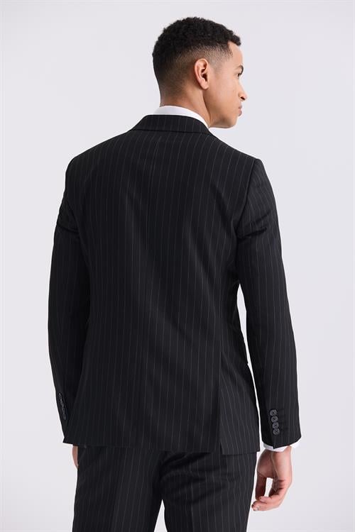 Siyah Slim Fit Sivri Yaka Çizgili Kruvaze Takım Elbise