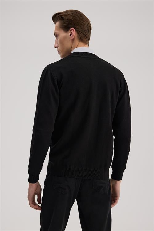 Siyah Regular Fit Desenli Fermuarlı Triko Hırka