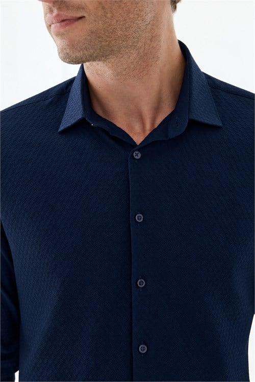 Lacivert Pamuk Karışımlı Desenli Comfort Fit Gömlek