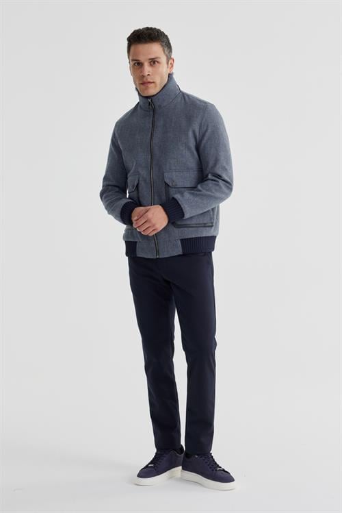 Lacivert Comfort Fit Kürklü yaka Yünlü Mont