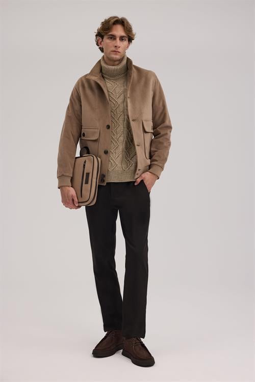 Kahve Rahat Kalıp - Comfort Fit Mont Hakim Yaka