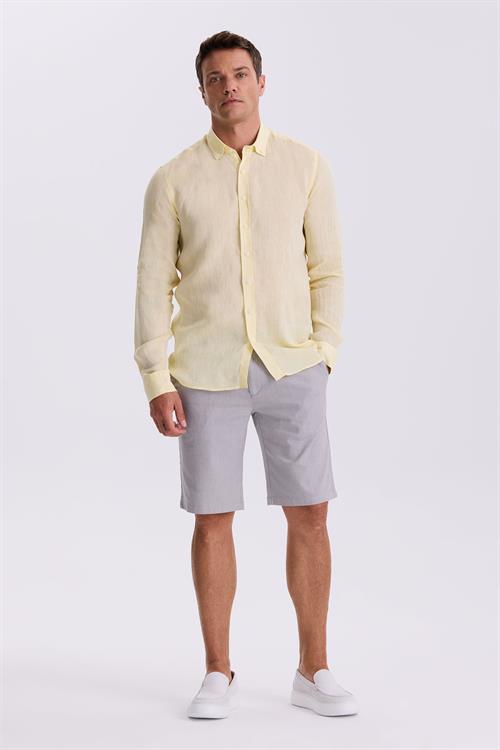 Sarı %100 Keten Düğmeli Yaka Comfort Fit Gömlek