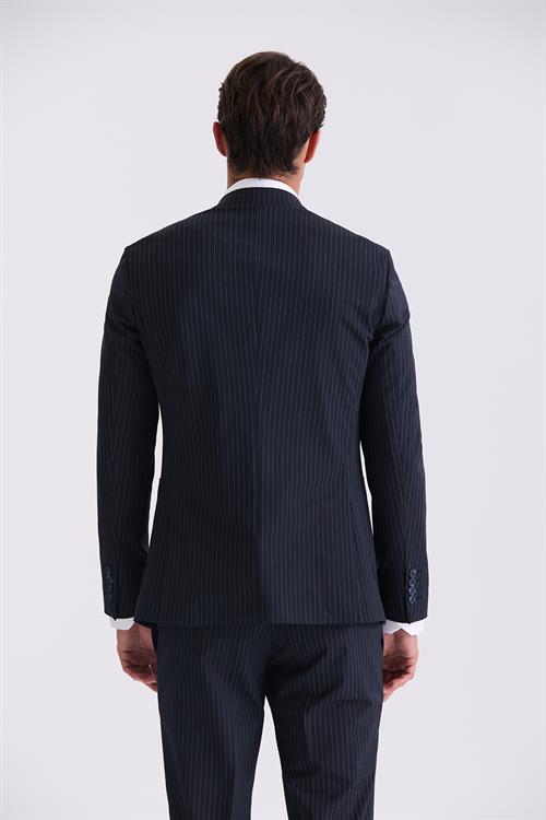 Lacivert Slim Fit Sivri Yaka Strech Çizgili Jogger Takım Elbise