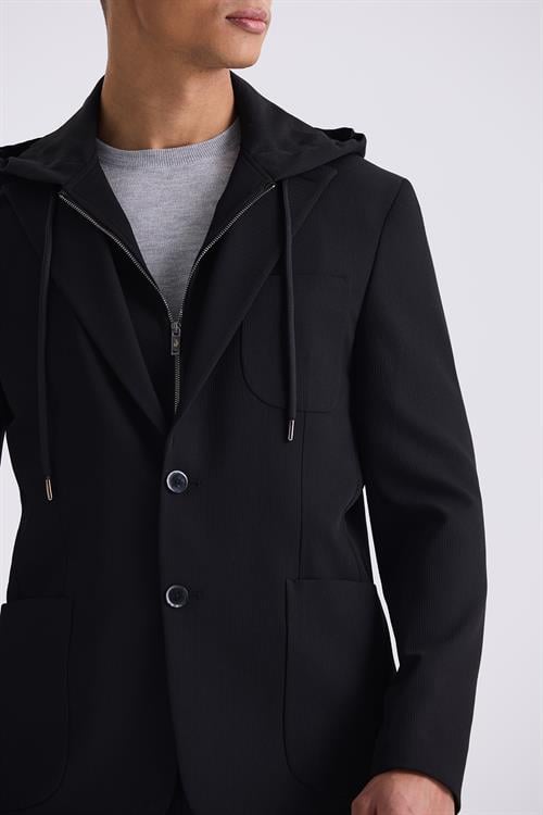 Siyah Slim Fit Mono Yaka Kapüşonlu Spor Takım Elbise