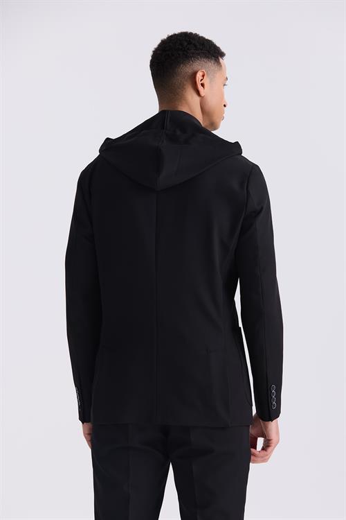 Siyah Slim Fit Mono Yaka Kapüşonlu Spor Takım Elbise