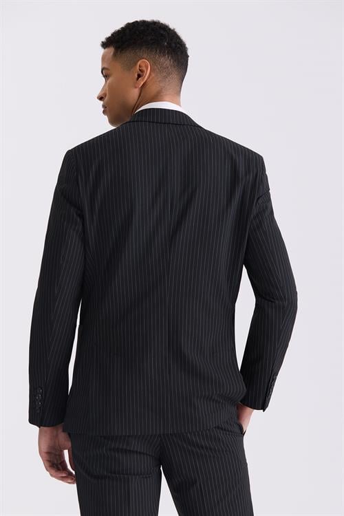 Siyah Slim Fit Sivri Yaka Strech Çizgili Jogger Takım Elbise