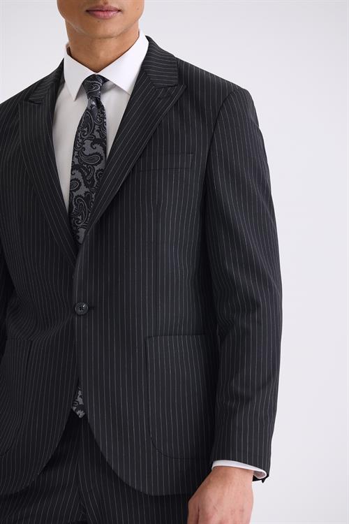 Siyah Slim Fit Sivri Yaka Strech Çizgili Jogger Takım Elbise