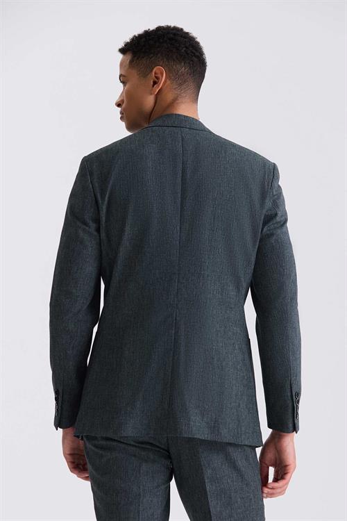 Yeşil Slim Fit Mono Yaka Keten Takım Elbise