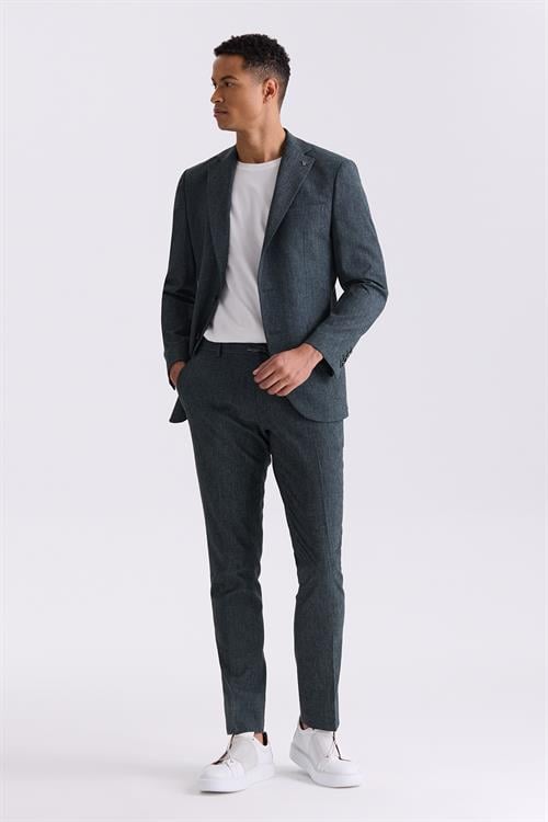 Yeşil Slim Fit Mono Yaka Keten Takım Elbise