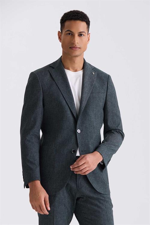 Yeşil Slim Fit Mono Yaka Keten Takım Elbise