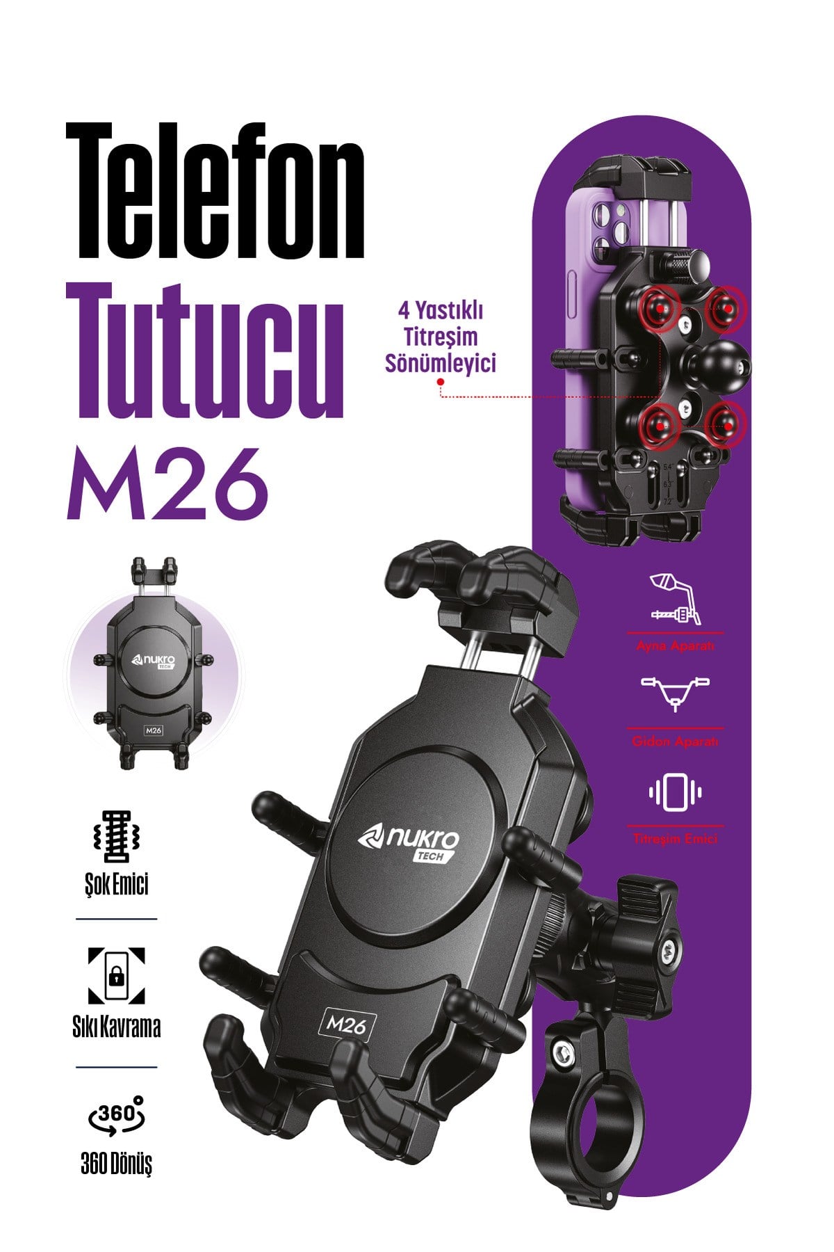Motosiklet Teçhizat TutucuM26 TİTREŞİM MODULLÜ UNIVERSAL MOTOSİKLET TELEFON TUTUCU (AYNA VE GİDON BAĞLANTILI)