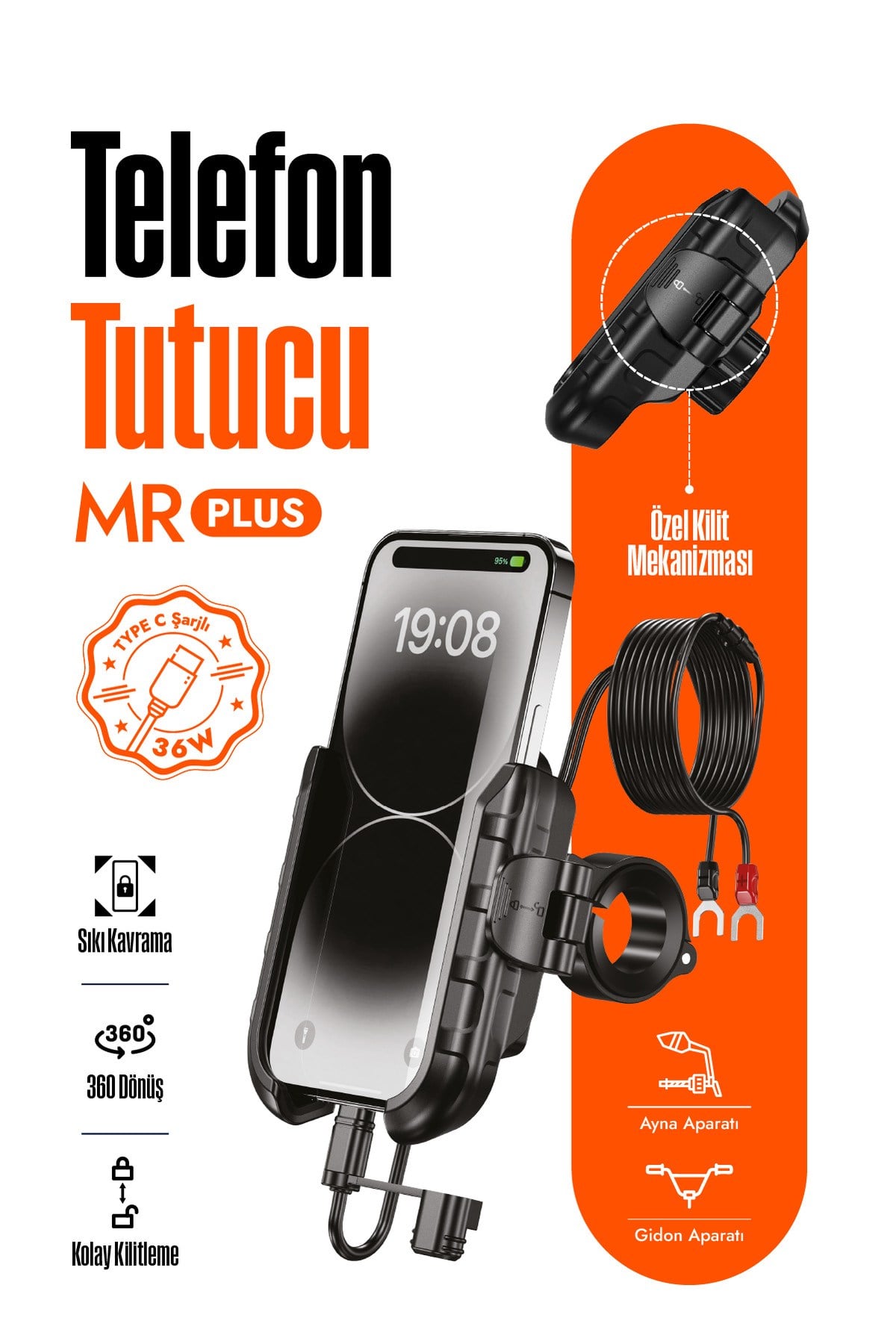 Motosiklet Teçhizat TutucuMR PLUS USB-C Şarjlı Klipsli Motosiklet Telefon Tutucu