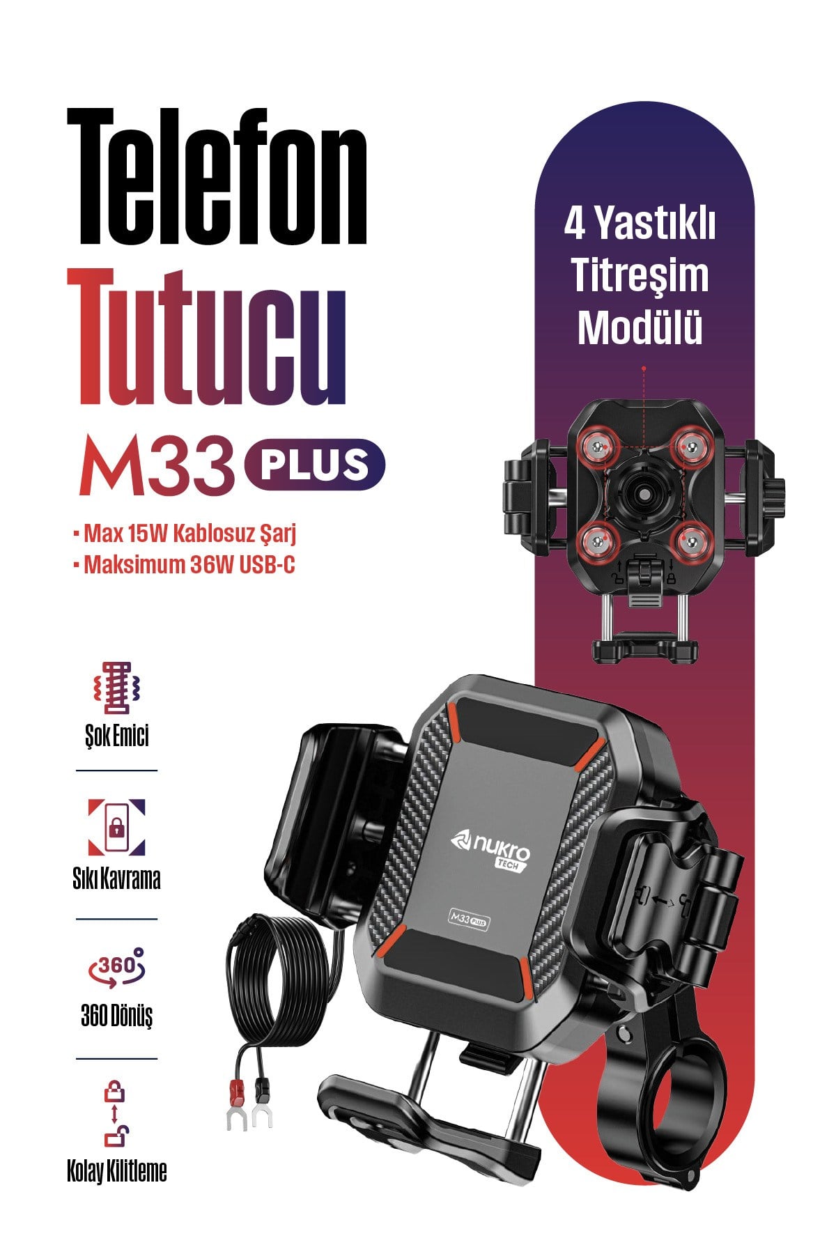 Motosiklet Teçhizat TutucuM33 PLUS TİTREŞİM MODÜLLÜ MOTOSİKLET TELEFON TUTUCU (KABLOSUZ VE TYPE-C ŞARJLI )