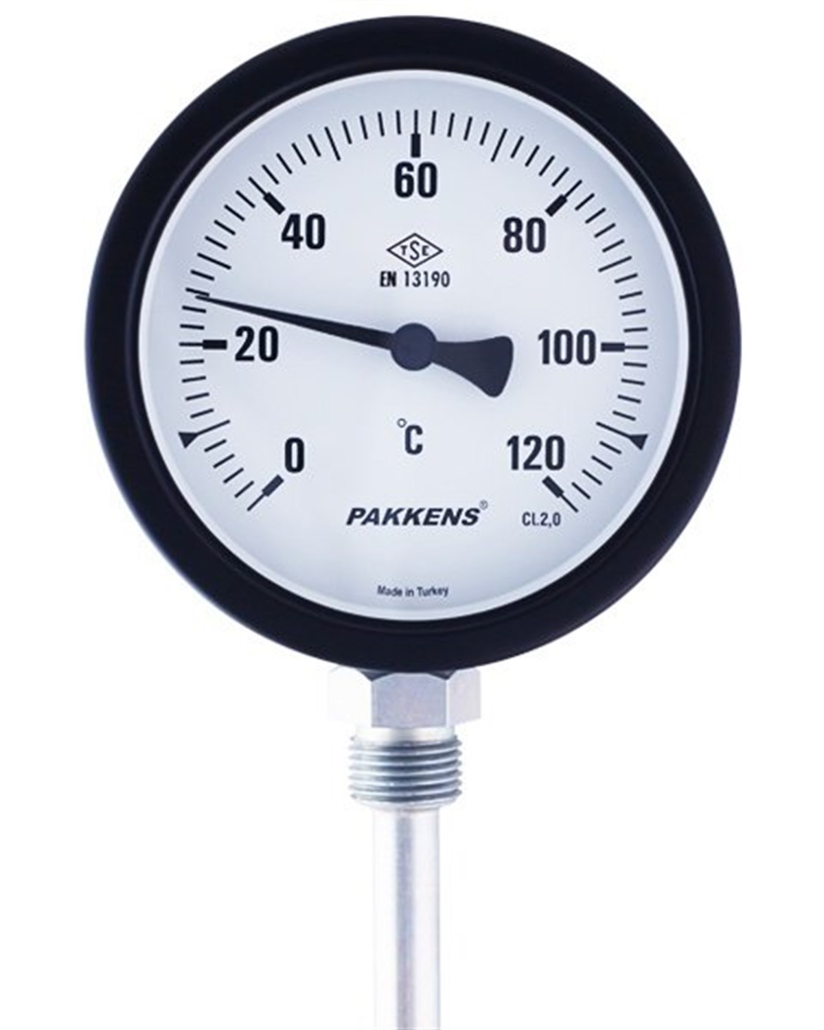 Pakkens Termometre 0-500 °C Çap 100 mm Daldırma Boyu 25 cm Alttan Bağlantılı G 1/2 inç