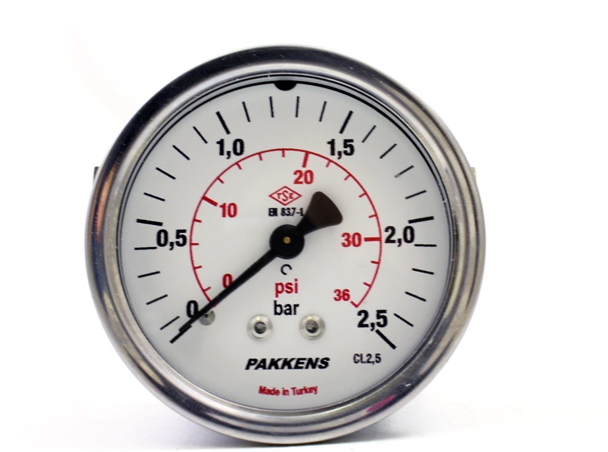 Pakkens 0-2.5 Bar 63 mm Arkadan Bağlantılı Panotipi Kuru Manometre G 1/4 inç