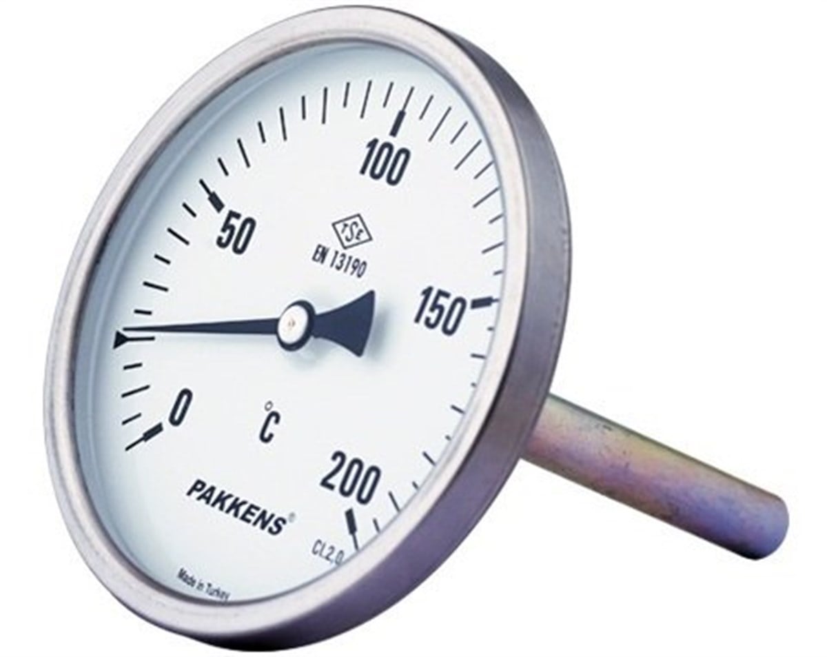 Pakkens Termometre 0-160 °C Çap 100 mm Daldırma Boyu 15 cm Arkadan Bağlantılı G 1/2 inç