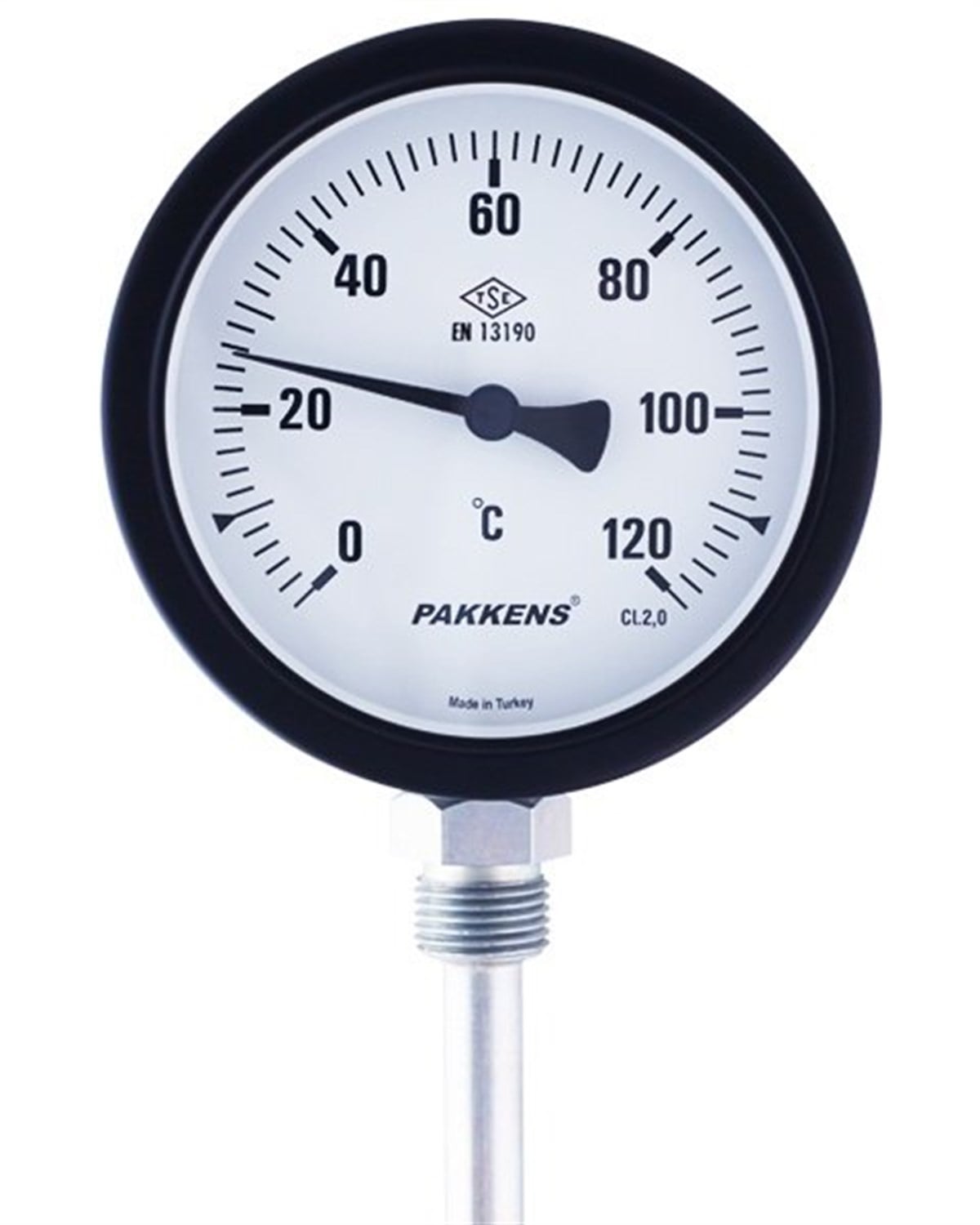 Pakkens Termometre 0-200 °C Çap 100 mm Daldırma Boyu 10 cm Alttan Bağlantılı  G 1/2 inç