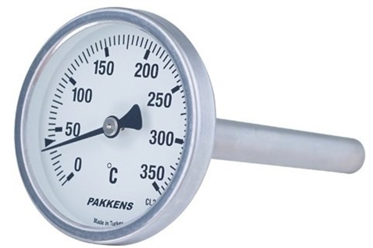 Pakkens Termometre 0-200 °C Çap 63 mm Daldırma Boyu 50 cm Arkadan Bağlantılı G 1/2 inç