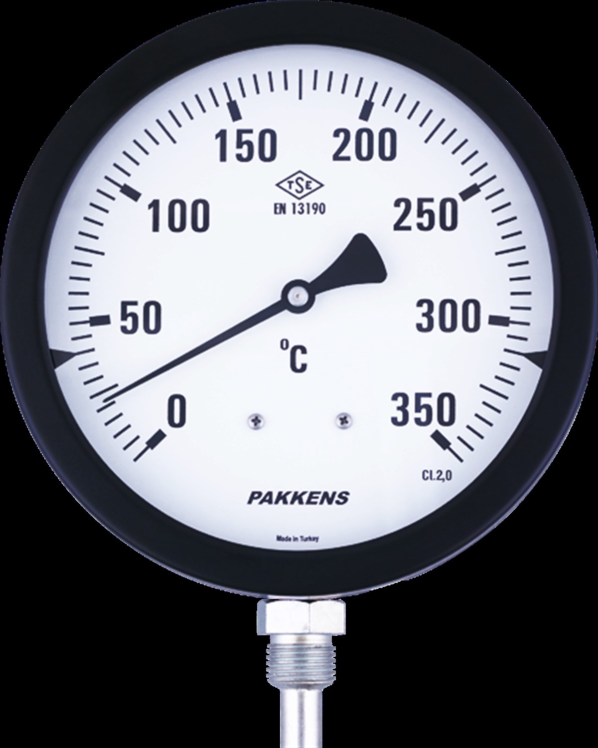 Pakkens Termometre 0-350 °C Çap 160 mm Daldırma Boyu 30 cm Alttan Bağlantılı G 1/2 inç