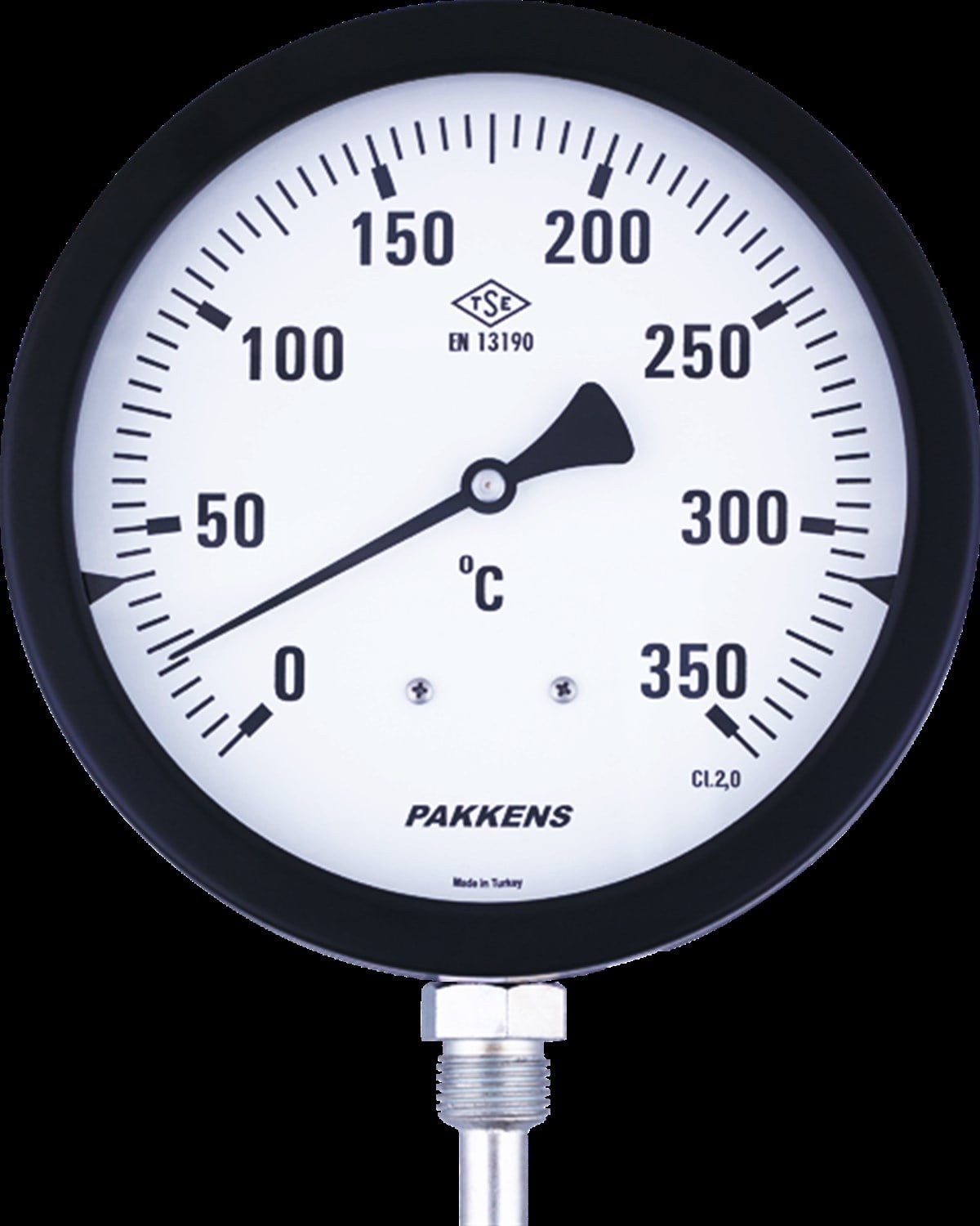Pakkens Termometre 0-400 °C Çap 160 mm Daldırma Boyu 15 cm Alttan Bağlantılı G 1/2 inç