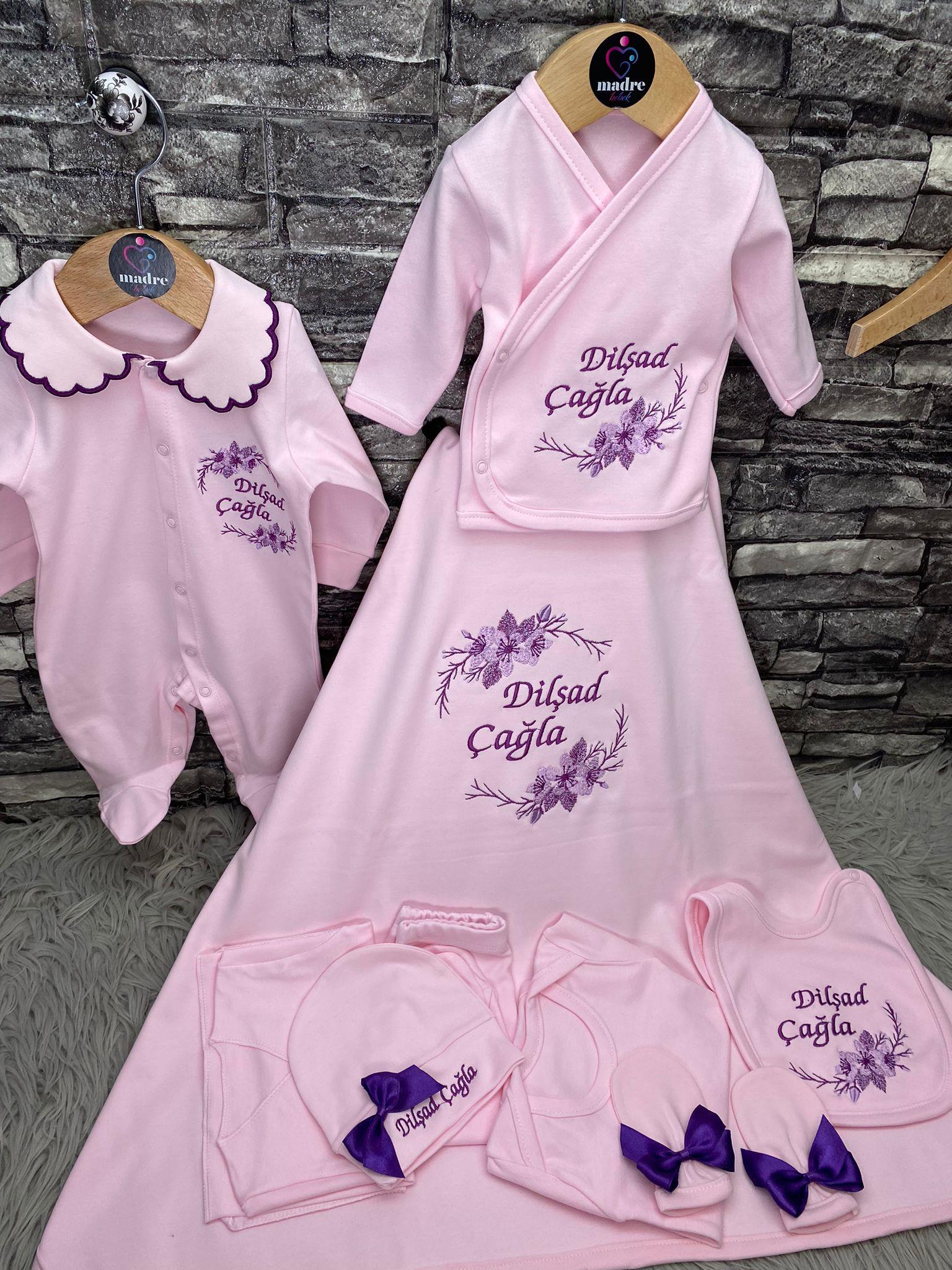 İsme Özel 10 Parça + Penye Battaniyeli Kız Bebek İsimli Hastene Çıkışı