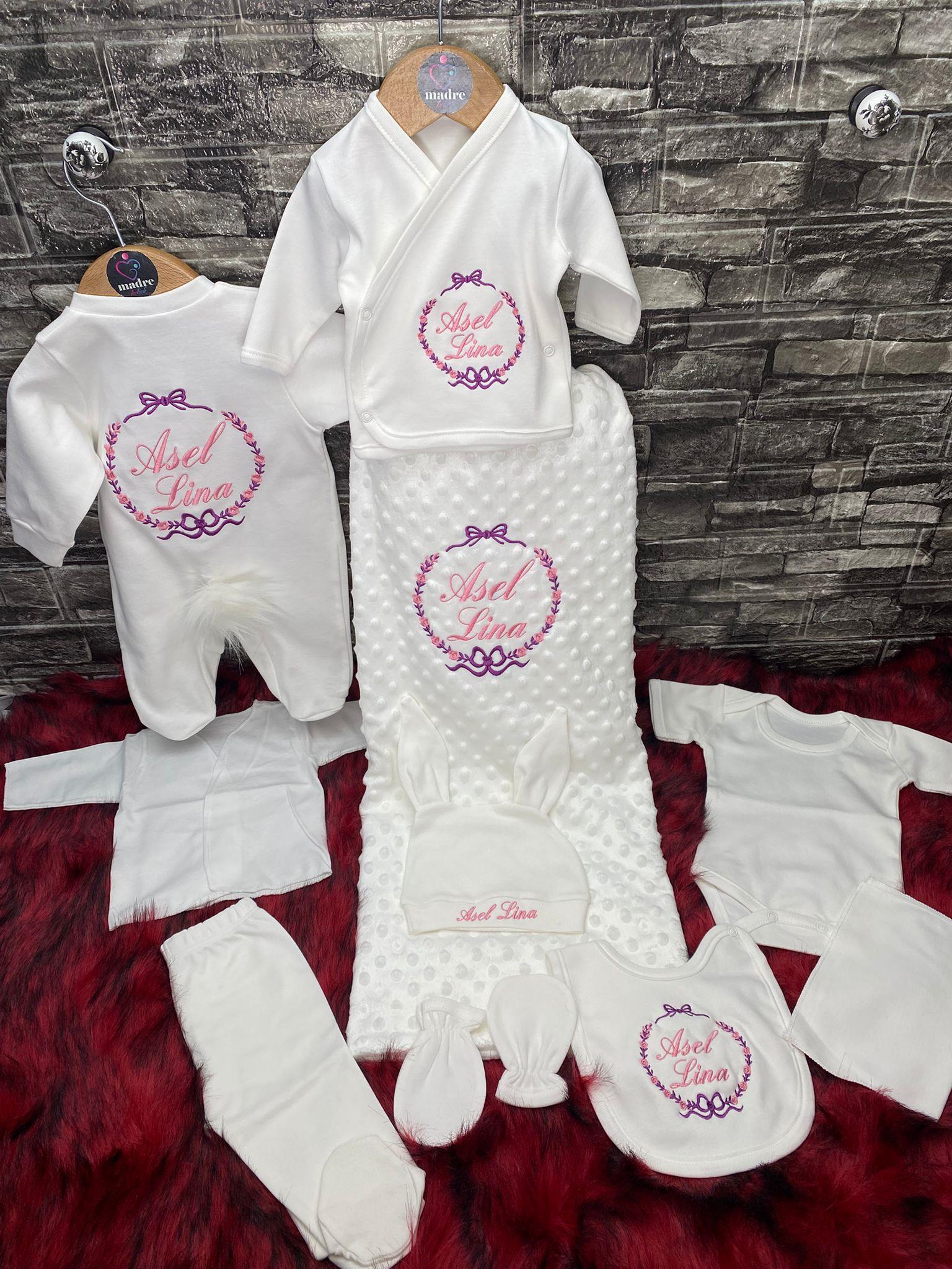 10 lu hastane çıkışı isme özel nohut battaniyeli kız bebek isimli set