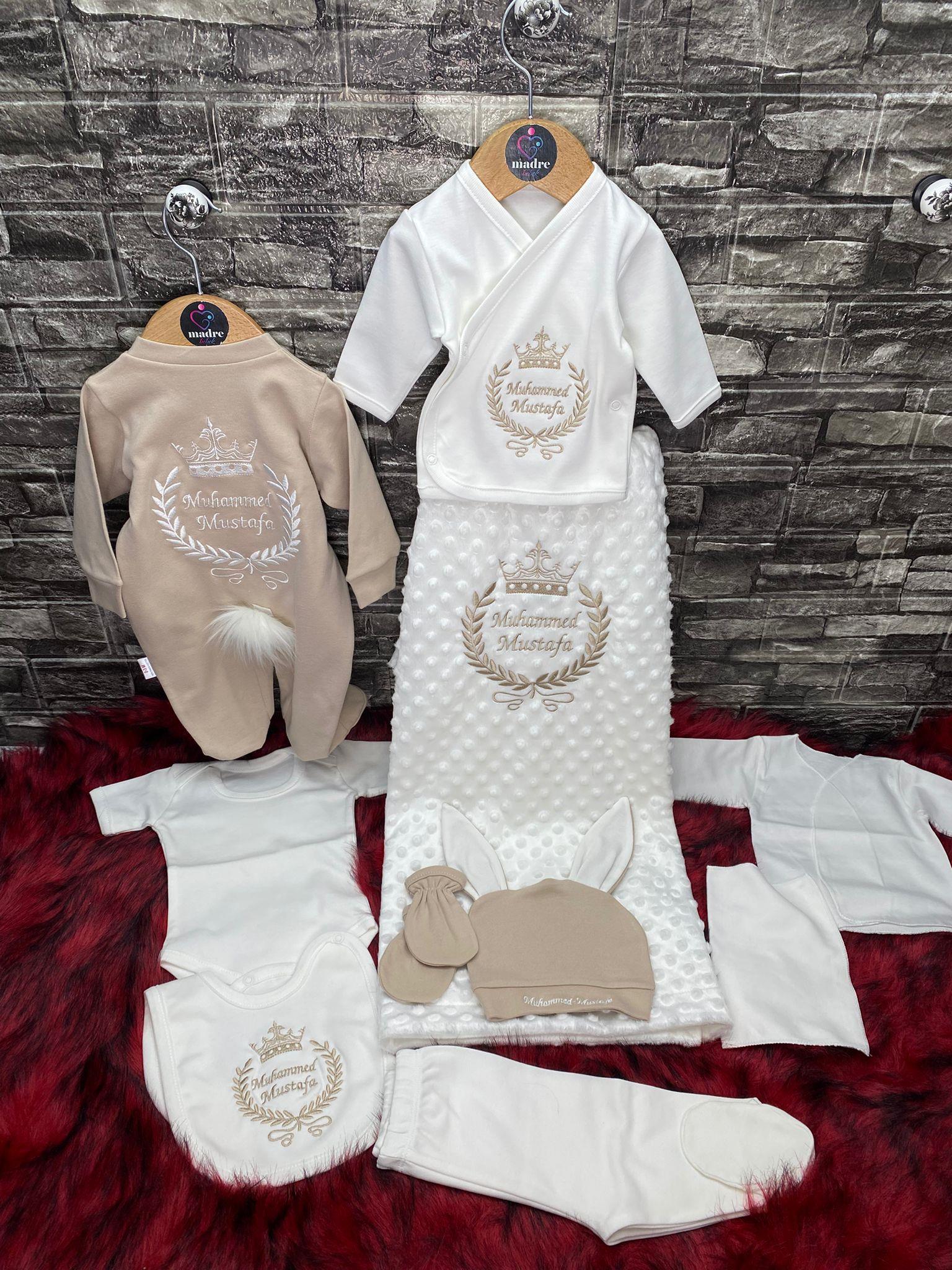 10 Lu isme özel nohut battaniyeli taç desen sütlü kahve renk nakış işlemeli  isimli erkek bebek seti