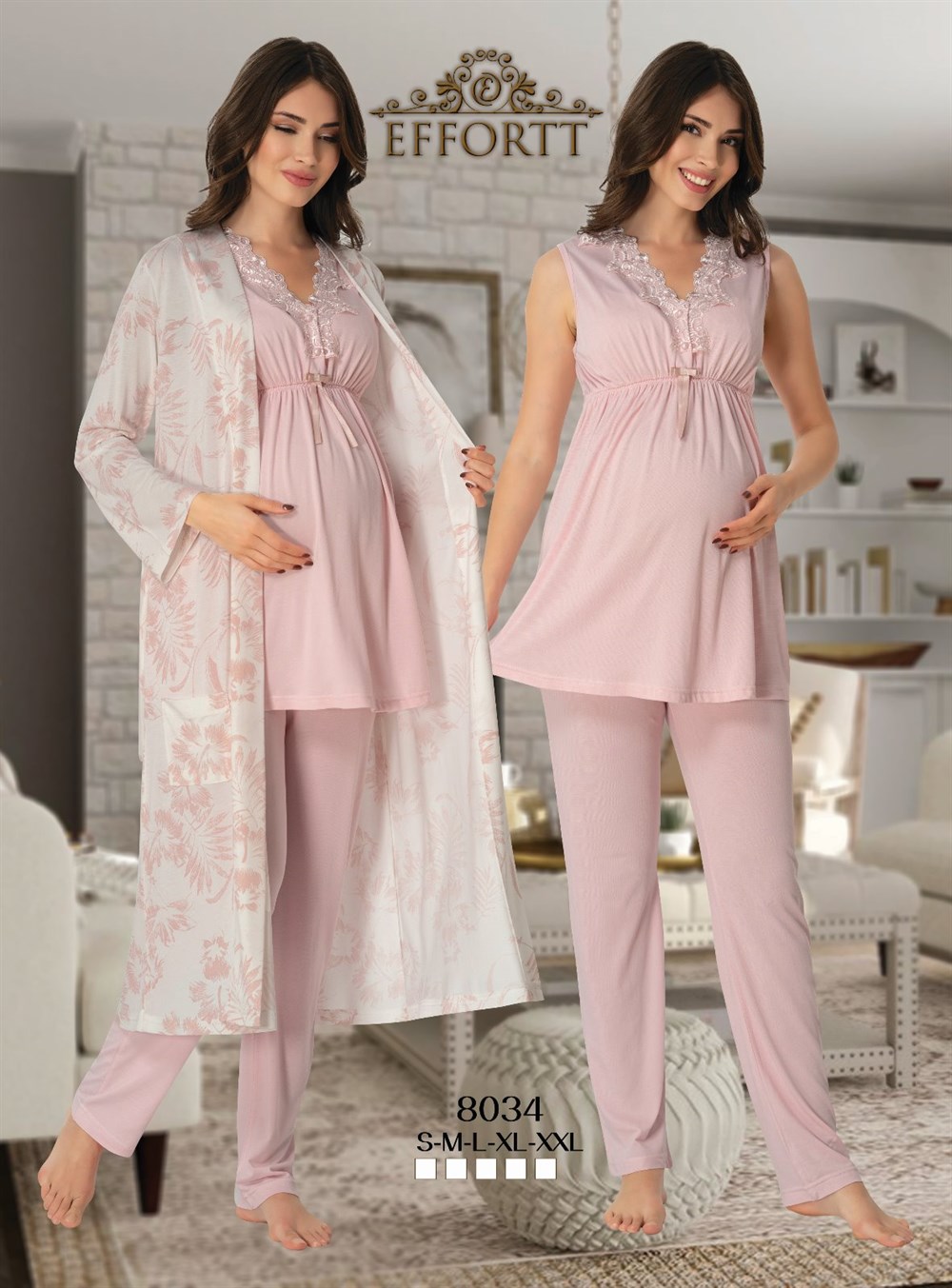 8034 Effortt hamile lohusa dantelli yaka pijama takımı