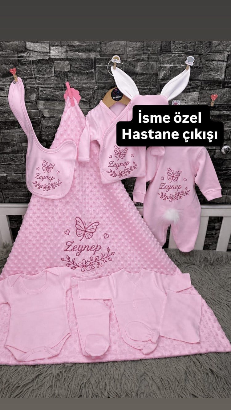 İsme Özel 10 Parça Nohut Battaniyeli Kız Bebek İsimli Hastene Çıkışı