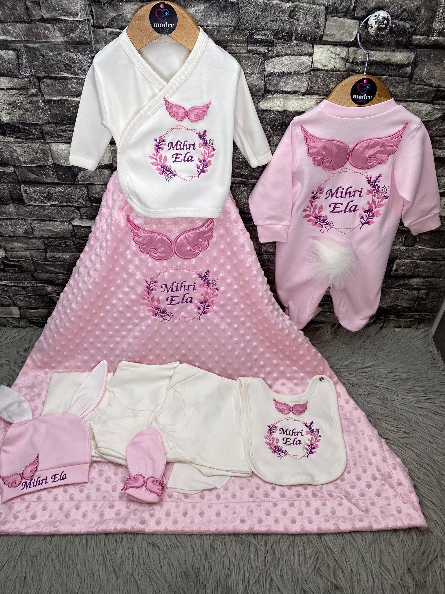 İsme Özel 10 Parça Nohut Battaniyeli Kız Bebek İsimli Hastene Çıkışı