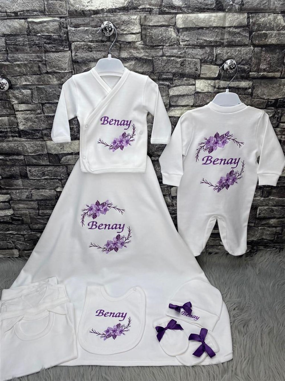 İsme Özel 10 Parça Penye  battaniyeli Kız bebek isimli hastane cıkısı