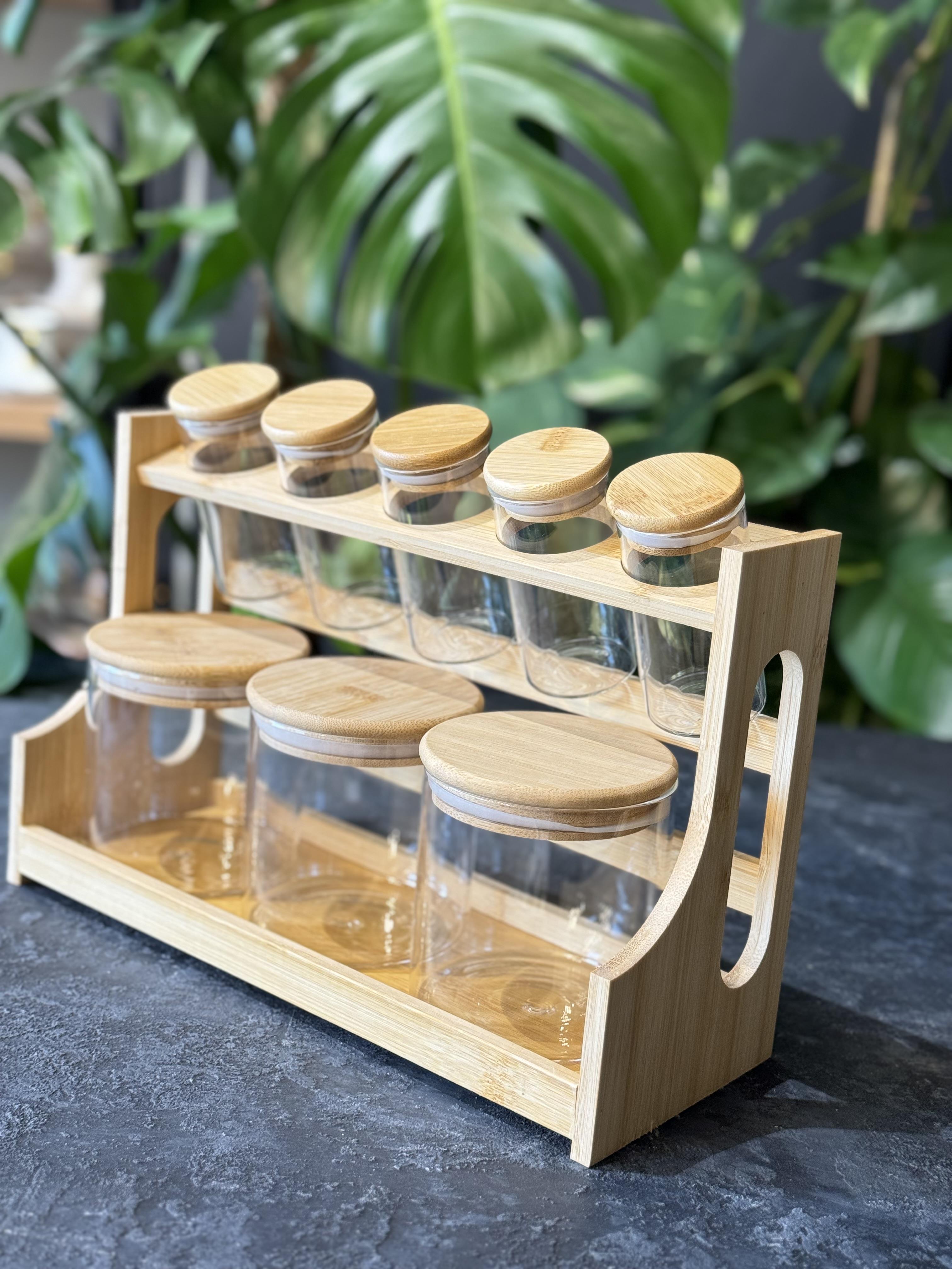 Bambu Stantlı 8 Li Borosilikat Cam Baharatlık Seti