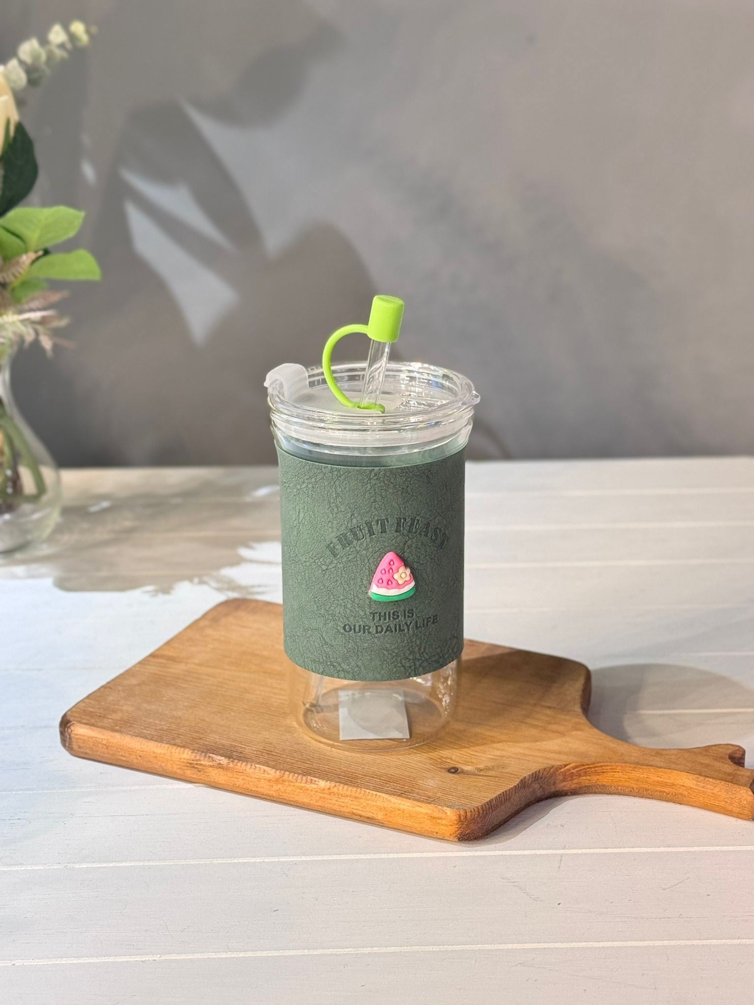 Kapaklı Cam Pipetli Meyve Kupa  540 ML - Karpuz