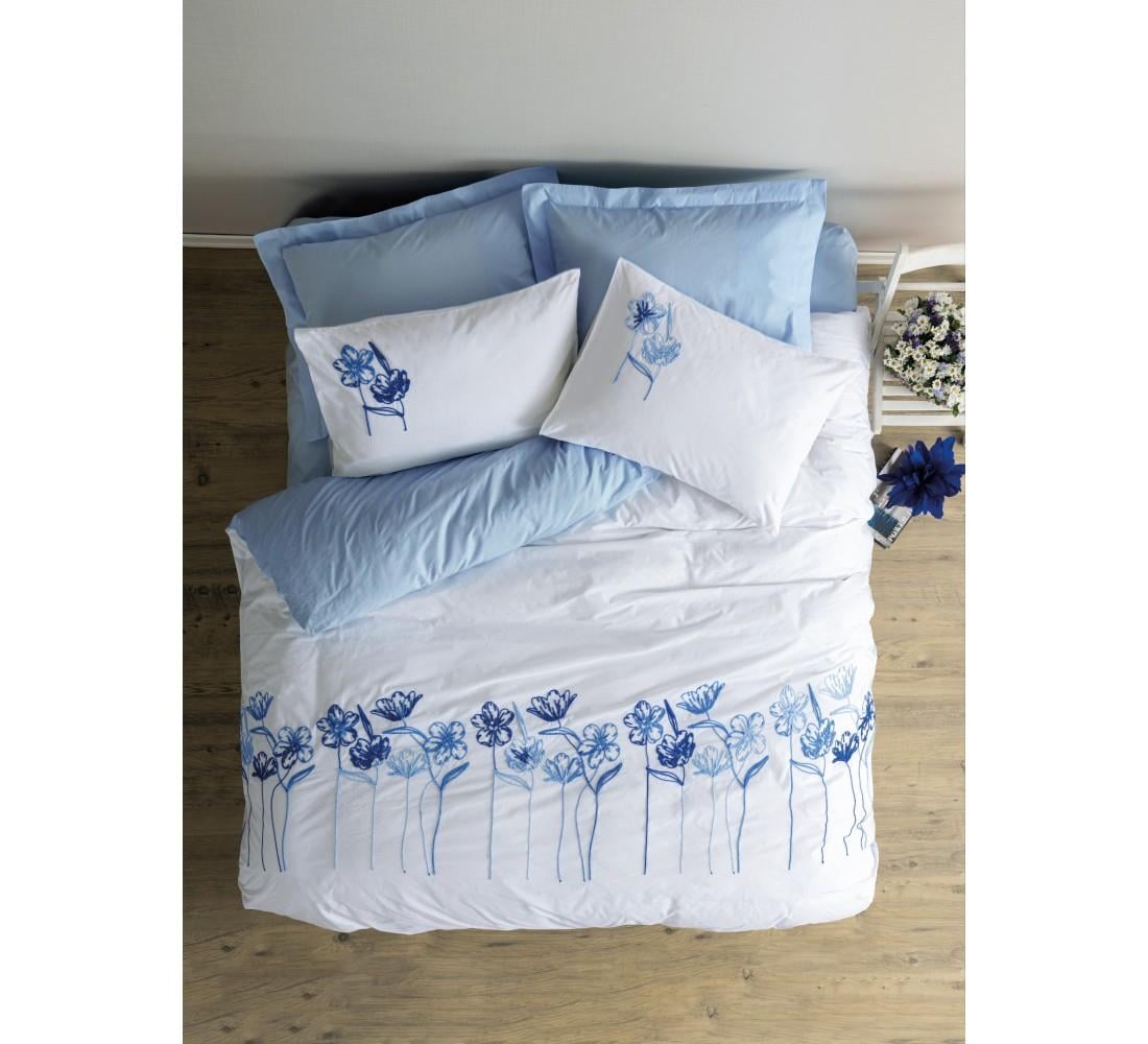 Nakışlı Ranforce Çift Kişilik Nevresim Takımı Onella Mavi