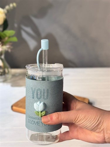 Kapaklı Cam Pipetli Lale Kupa  370 ML - Mavi