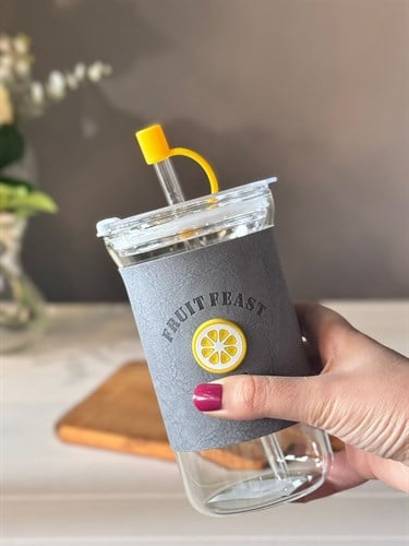 Kapaklı Cam Pipetli Meyve Kupa  540 ML - Limon