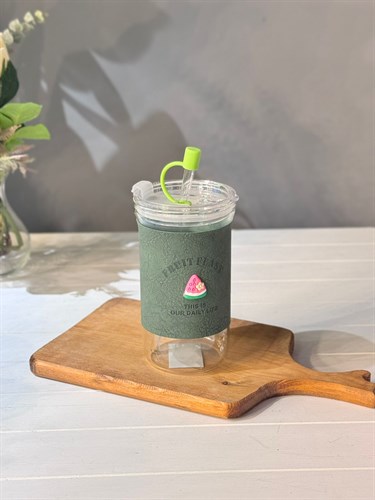 Kapaklı Cam Pipetli Meyve Kupa  540 ML - Karpuz