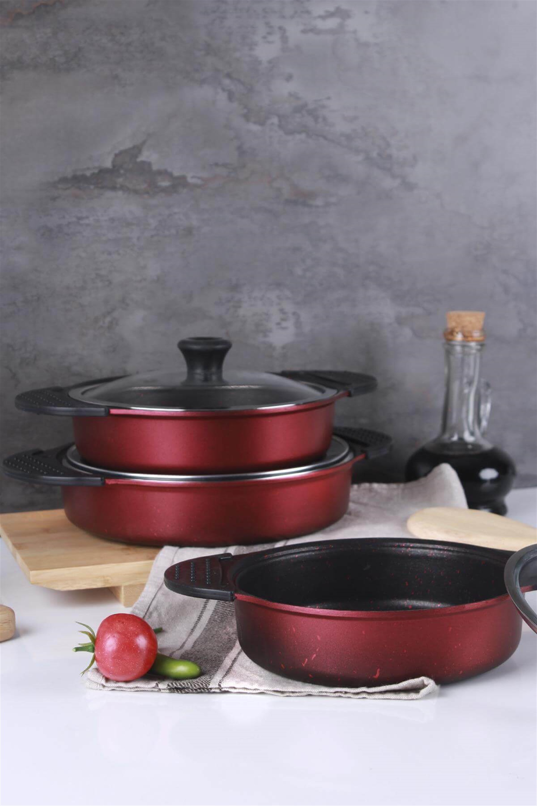 3 lü Döküm Granit Sahan Seti - Kırmızı