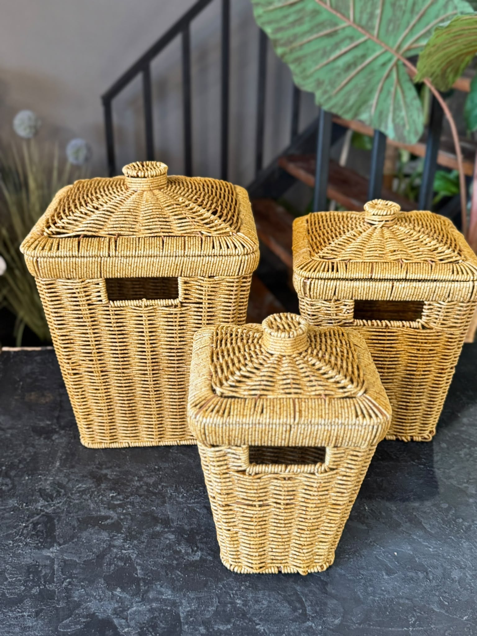 3 Lü Kare Rattan Sepet - Patates - Soğan - Sarımsak Sepeti