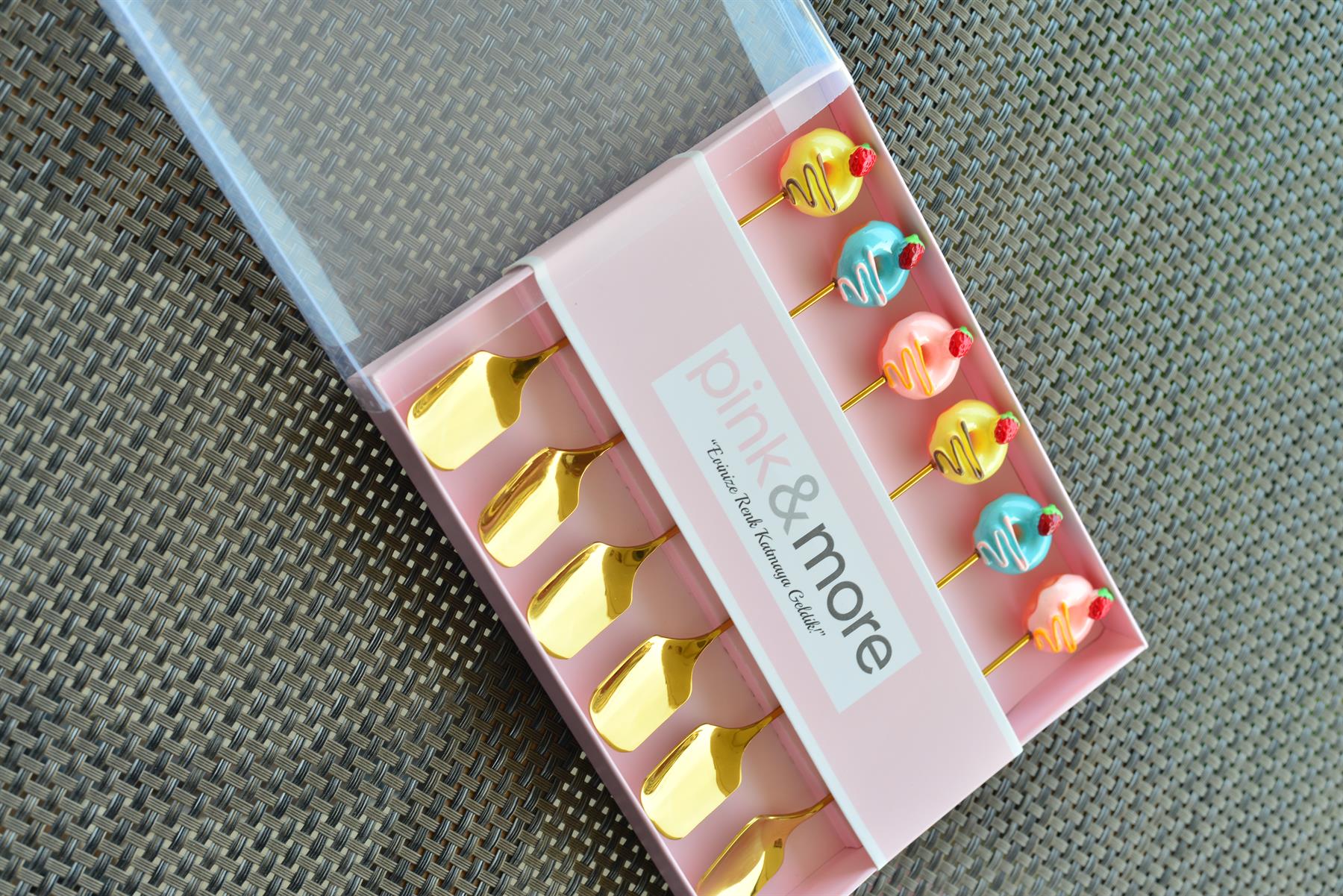 6 Lı Gold Metal Çay / Nescafe Kaşığı / Çilek Donut