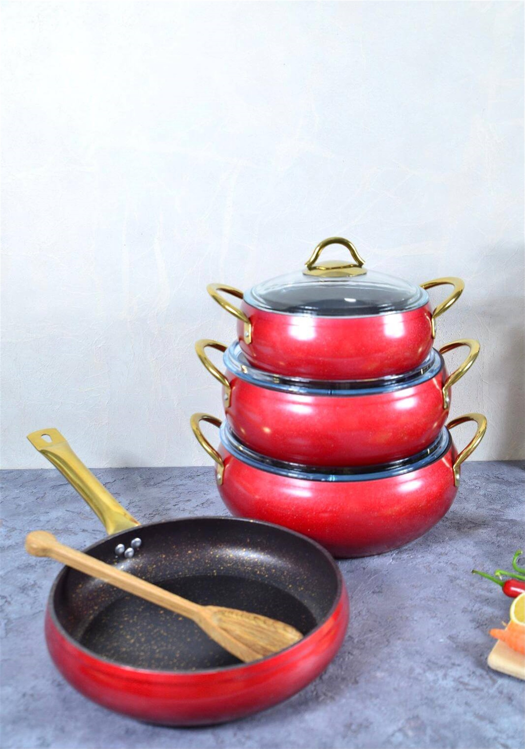 7 Parça Elegant Granit Tencere Seti - Kırmızı 