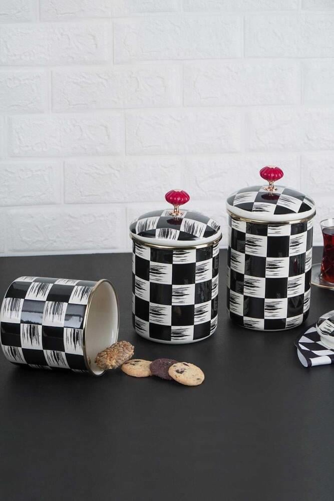 Acar Damalı Emaye 3 Lü Saklama Kavanoz Seti - Büyük Boy