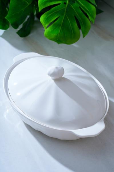 Aria Porselen Oval Büyük Kapaklı Kase / Fırın Kabı - 34 cm / 1 Adet