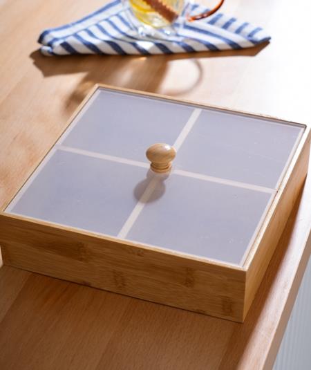 Bambu 4 Bölmeli Kare Kapaklı Sunumluk & Çerezlik