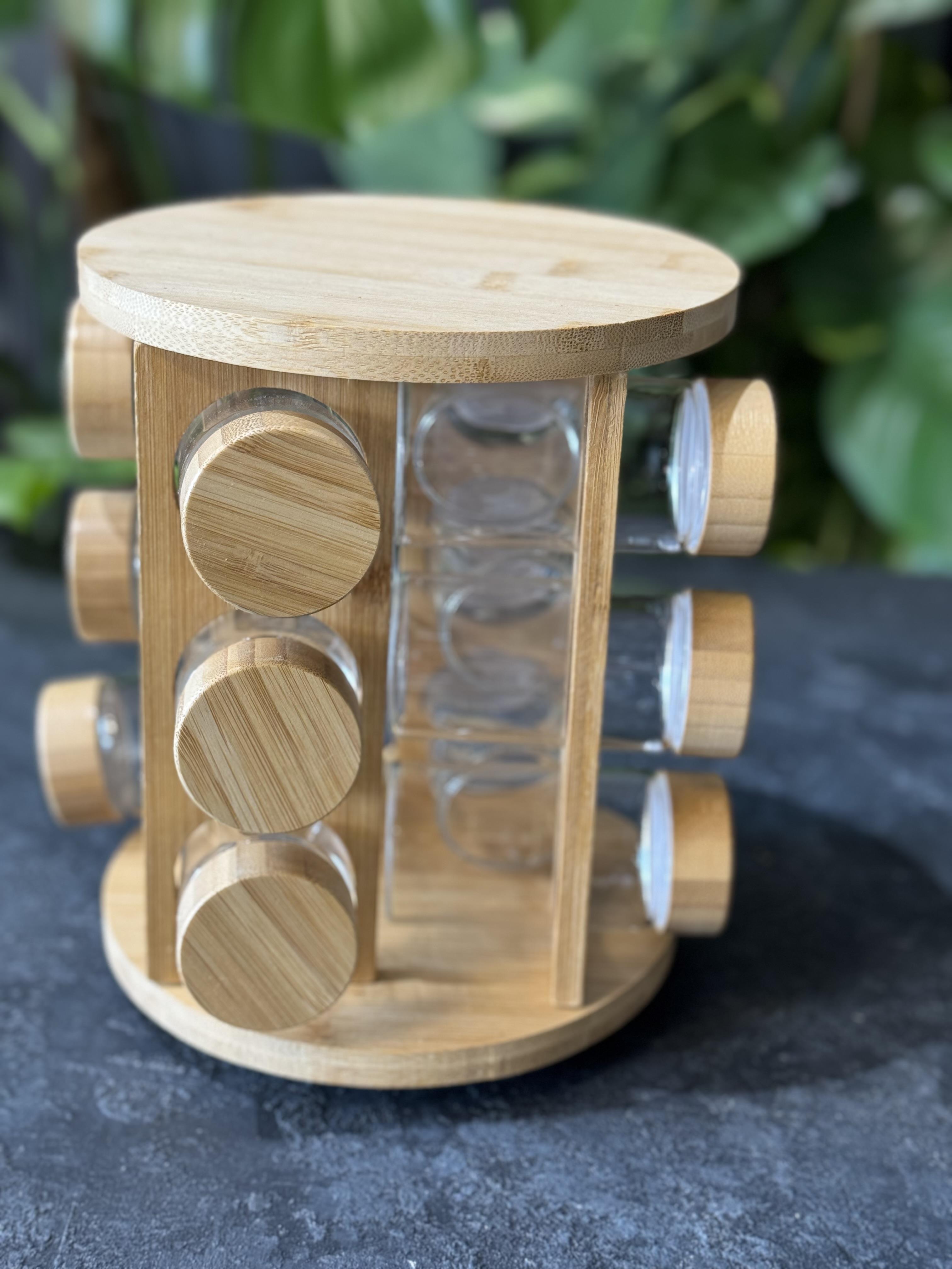 Bambu Döner Stantlı 12 Li Borosilikat Cam Baharatlık Seti