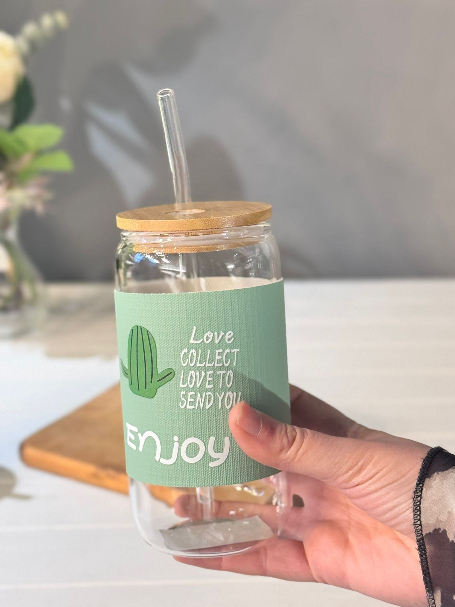 Bambu Kapaklı Cam Pipetli Kaktüs Kupa  430 ML - Yeşil