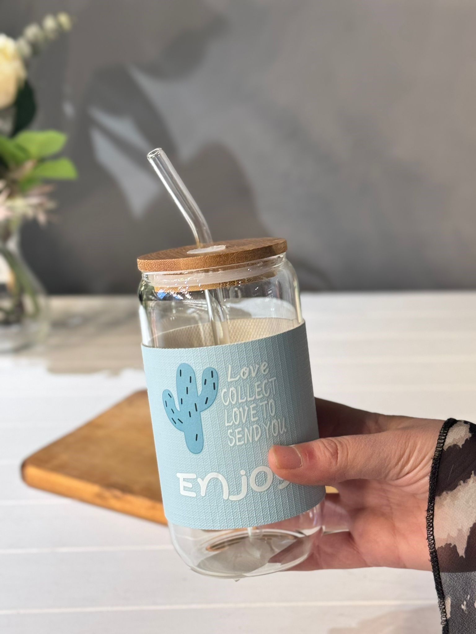 Bambu Kapaklı Cam Pipetli Kaktüs Kupa  430 ML - Mavi