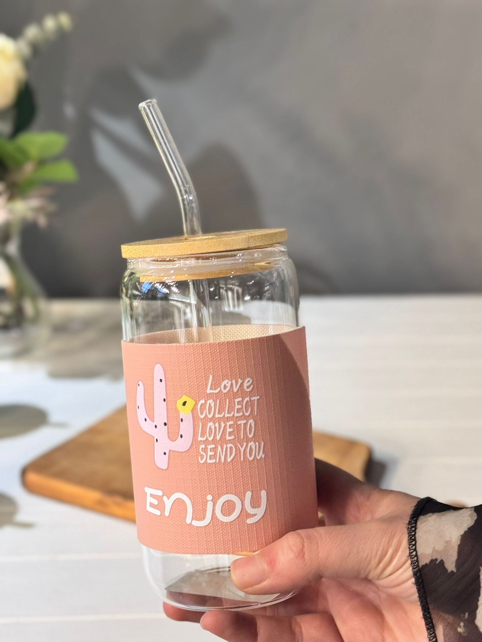 Bambu Kapaklı Cam Pipetli Kaktüs Kupa  430 ML - Pembe