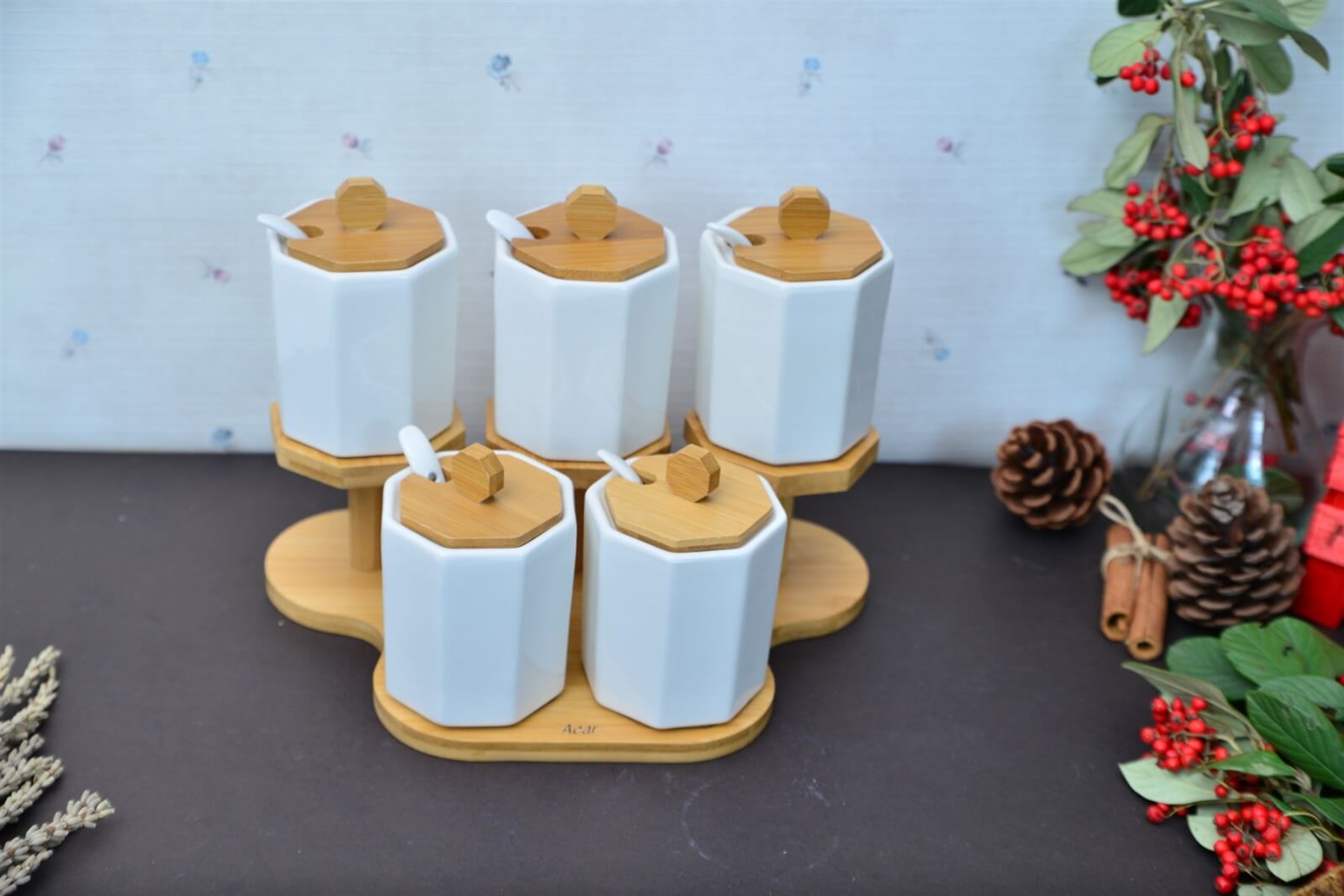 Bambu Stantlı 2 Katlı 5 Li Porselen Sekizgen Baharatlık