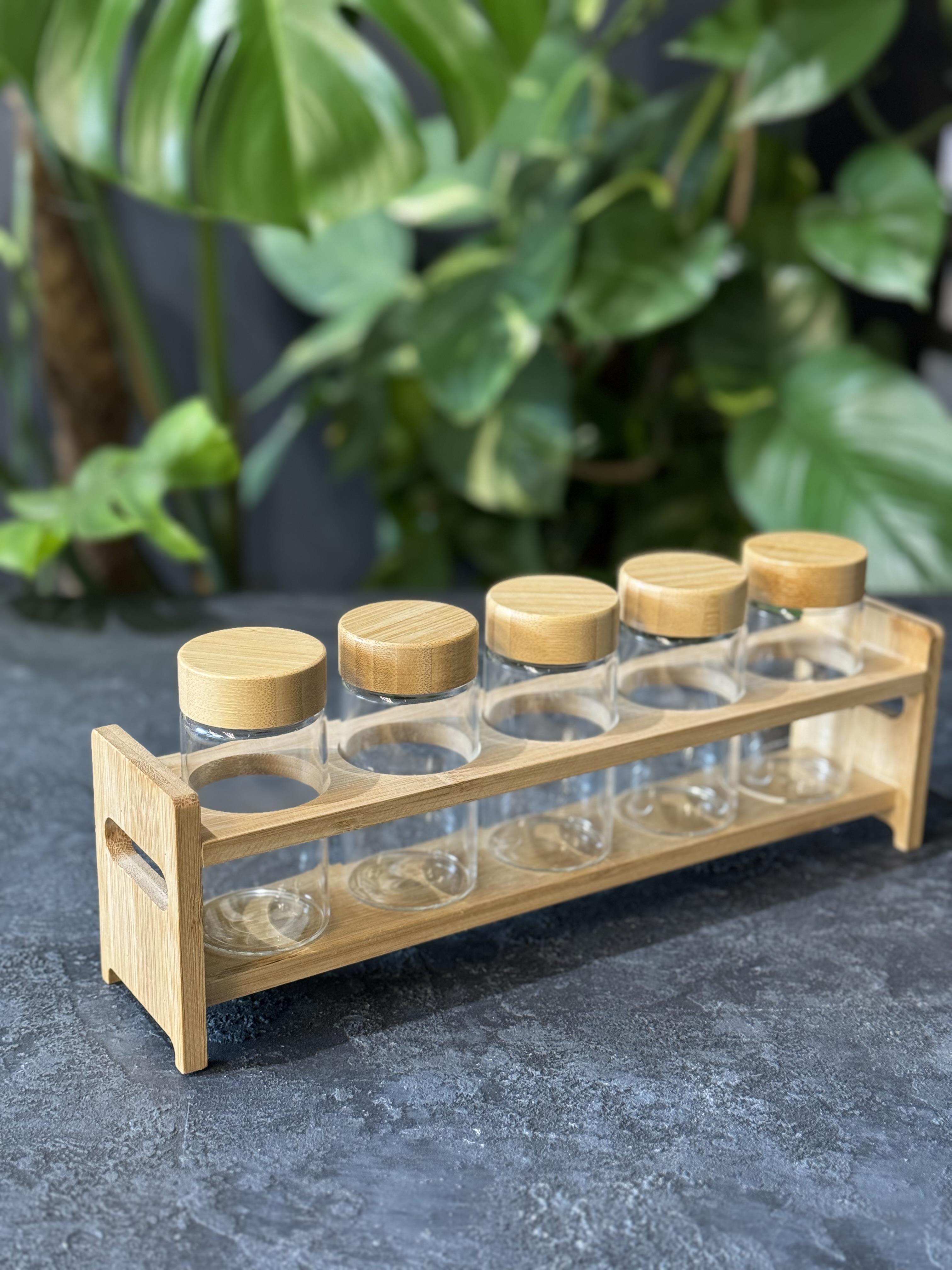 Bambu Stantlı 5 Li Borosilikat Cam Baharatlık Seti